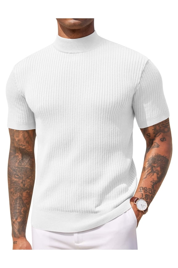 Men's Short Sleeve Mock Turtleneck Sweater - Ribbed Knit Solid Casual Basic Pullover Tee