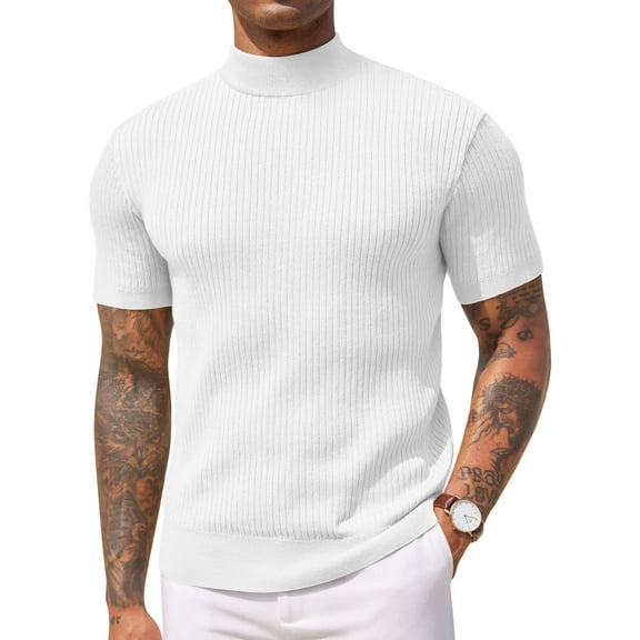 COOFANDY Men's Short Sleeve Mock Turtleneck Sweater - Ribbed Knit Solid Casual Basic Pullover Tee