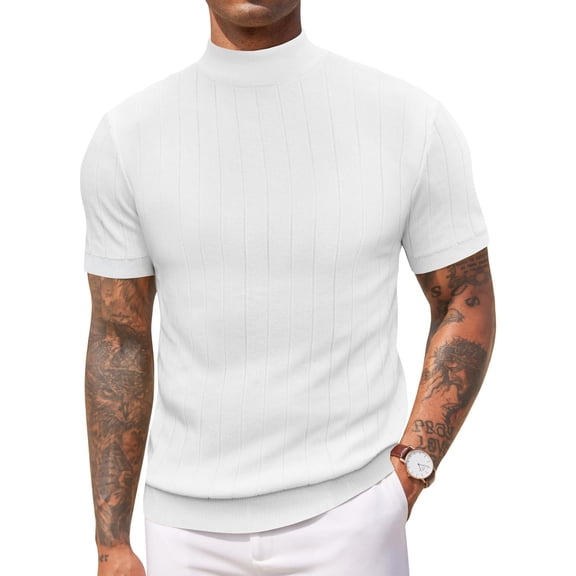 COOFANDY Men's Mock Turtleneck Sweater Short Sleeve Casual Basic Tops Ribbed Knit Pullover Solid Tee