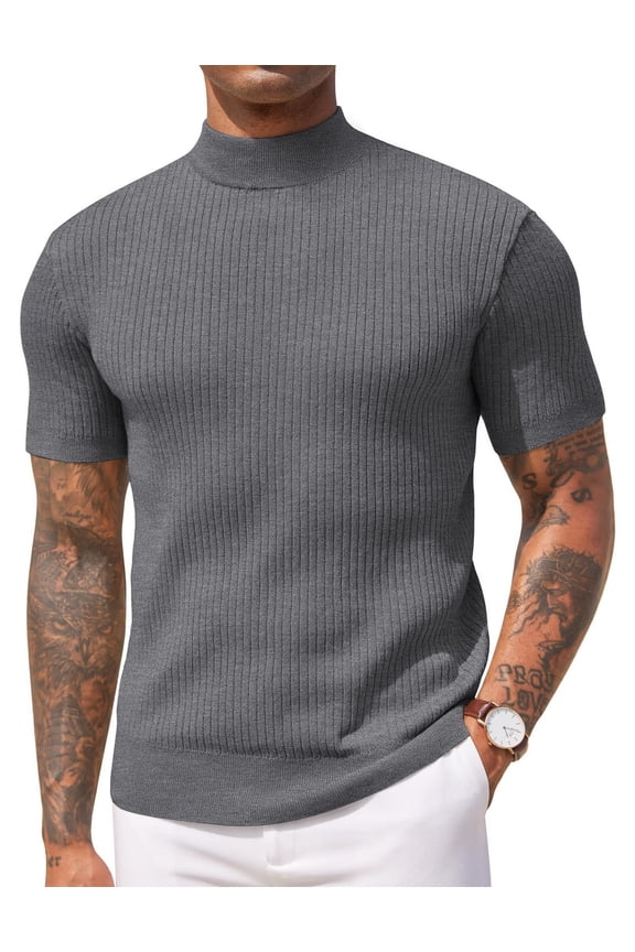 Men's Mock Turtleneck Sweater Short Sleeve Casual Basic Tops Ribbed Knit Pullover Solid Tee