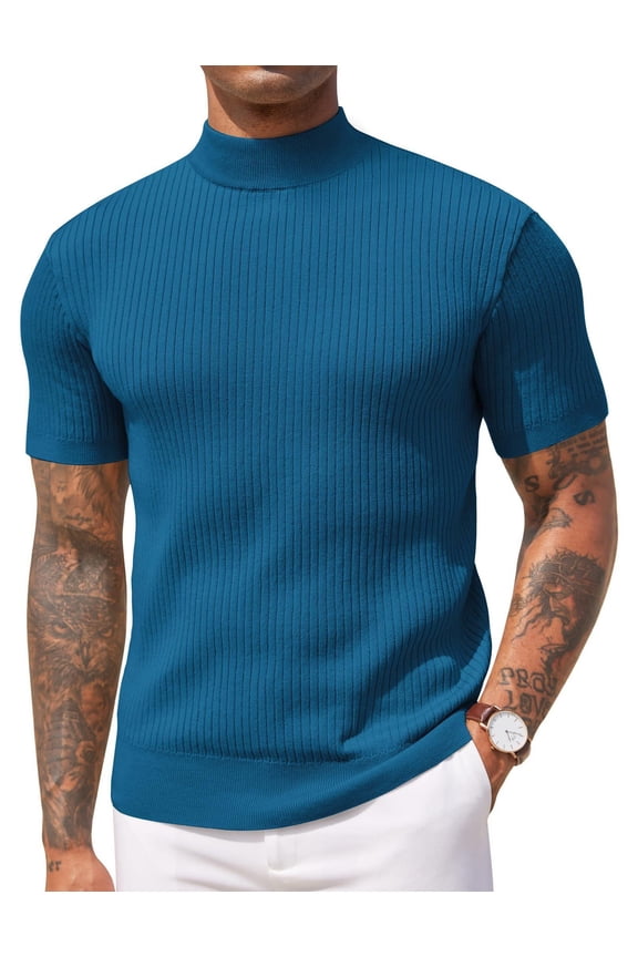 Men's Mock Turtleneck Sweater Short Sleeve Casual Basic Tops Ribbed Knit Pullover Solid Tee