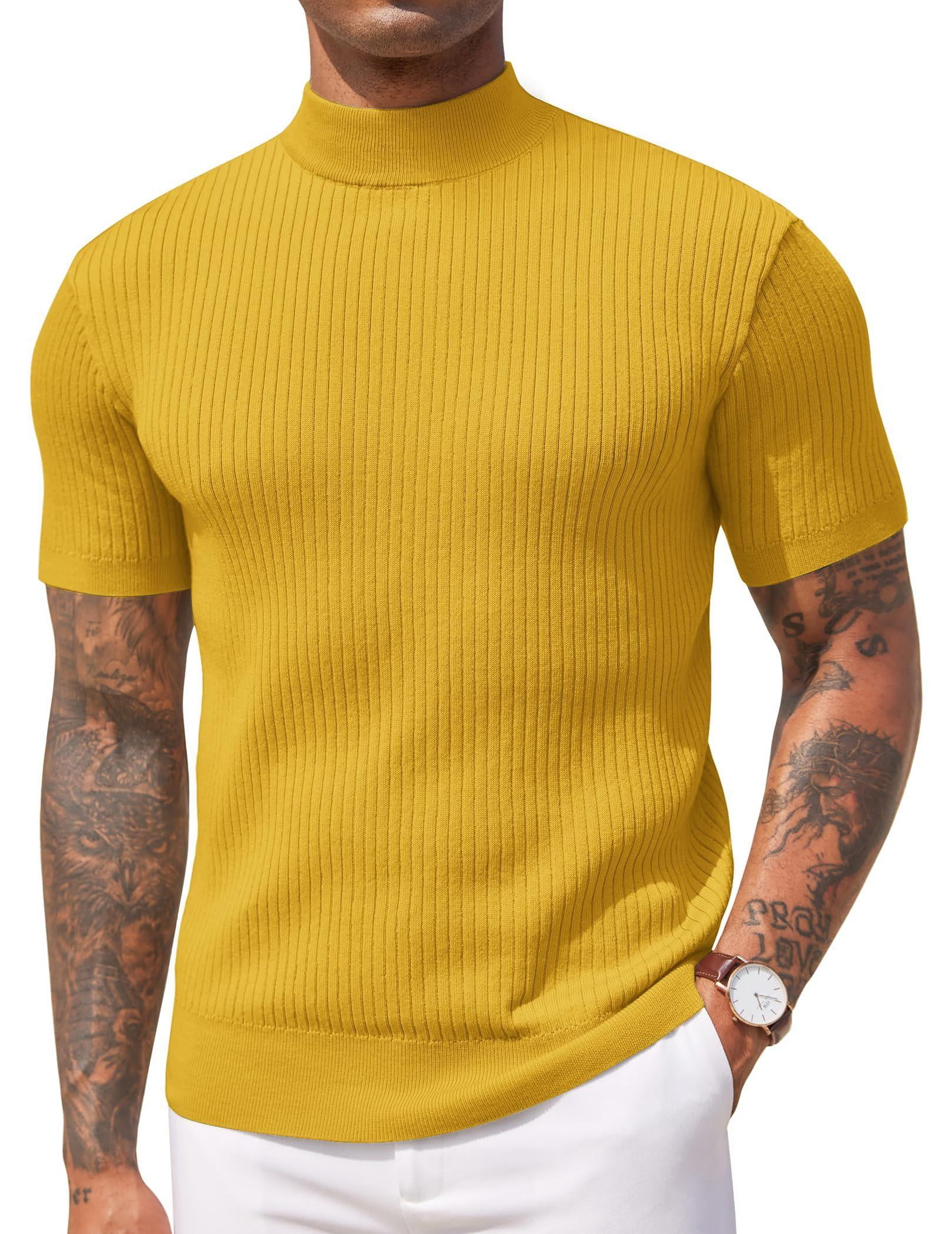 Coofandy Men's Short Sleeve Mock Turtleneck Sweater, Ribbed Knit