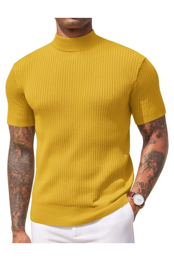 Men's Mock Turtleneck Sweater Short Sleeve Casual Basic Tops Ribbed Knit Pullover Solid Tee