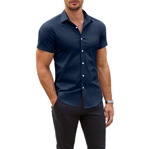 Coshow Men's Muscle Fit Dress Shirts Wrinkle-Free Short Sleeve Casual Button Down Shirt