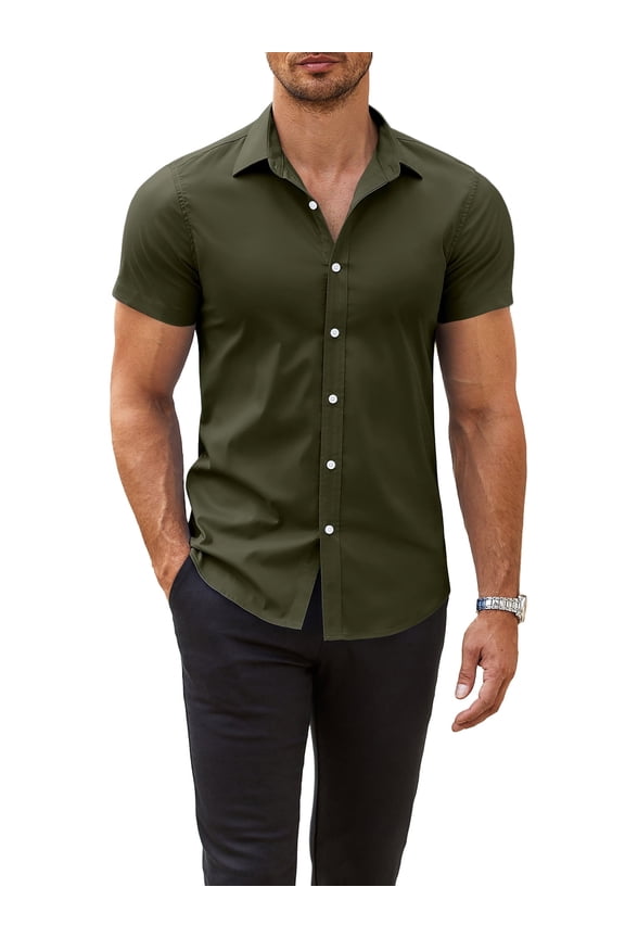 Men's Muscle Fit Dress Shirts Wrinkle-Free Short Sleeve Casual Button Down Shirt