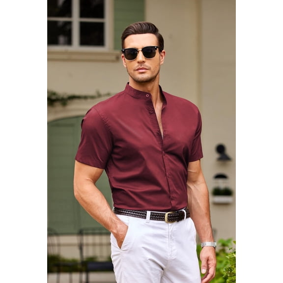 COOFANDY Mens Casual Dress Shirt Short Sleeve Button Up Shirts No Collar Collarless Dress Shirts Summer Fitted Shirts