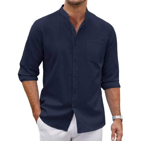 COOFANDY Mens Cotton Band Collar Shirts Long Sleeve Casual Button Down Shirts