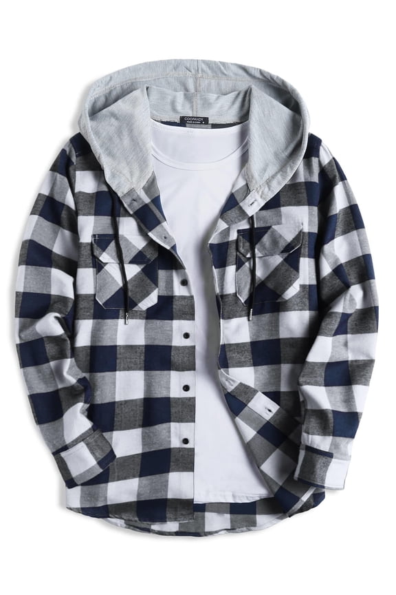 Men's Plaid Hooded Hipster Hoodies Long Sleeve Fleece Shirts Drawstring Jacket