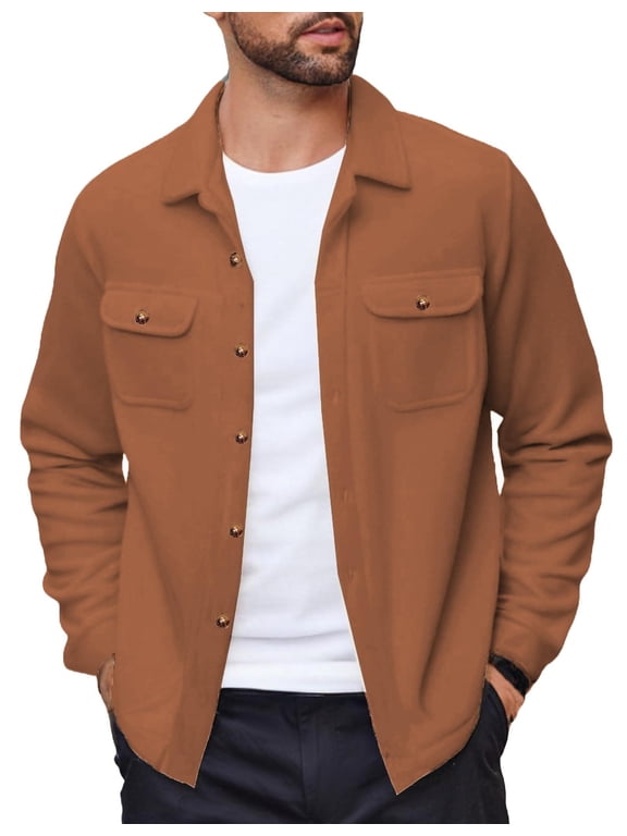 Men's Polar Fleece Shacket Long Sleeve Casual Button Down Shirt Jacket with Pockets