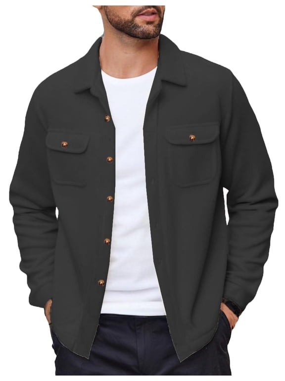 Men's Polar Fleece Shacket Long Sleeve Casual Button Down Shirt Jacket with Pockets