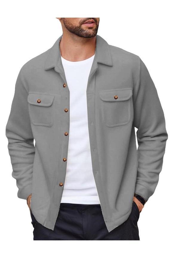 Men's Polar Fleece Shacket Long Sleeve Casual Button Down Shirt Jacket with Pockets
