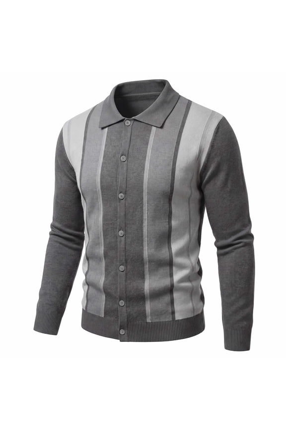 Men's Polo Cardigan, Button Down Knit Sweater Jacket, Casual Long Sleeve Color Block Knitwear Retro Striped Collared Knit Cardigan for Versatile Fall Winter Knit Top