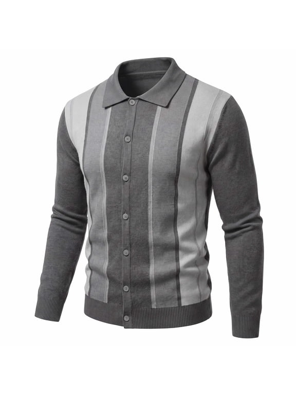 Men's Polo Cardigan, Button Down Knit Sweater Jacket, Casual Long Sleeve Color Block Knitwear Retro Striped Collared Knit Cardigan for Versatile Fall Winter Knit Top
