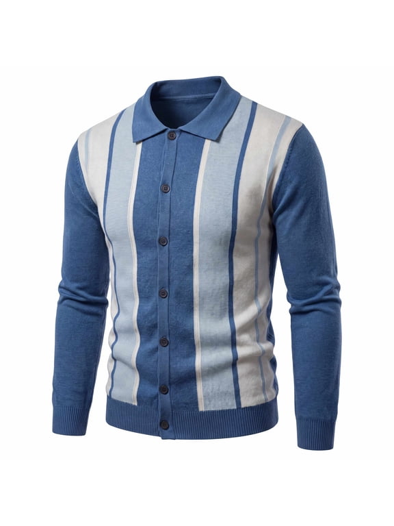 Men's Polo Cardigan, Button Down Knit Sweater Jacket, Casual Long Sleeve Color Block Knitwear Retro Striped Collared Knit Cardigan for Versatile Fall Winter Knit Top