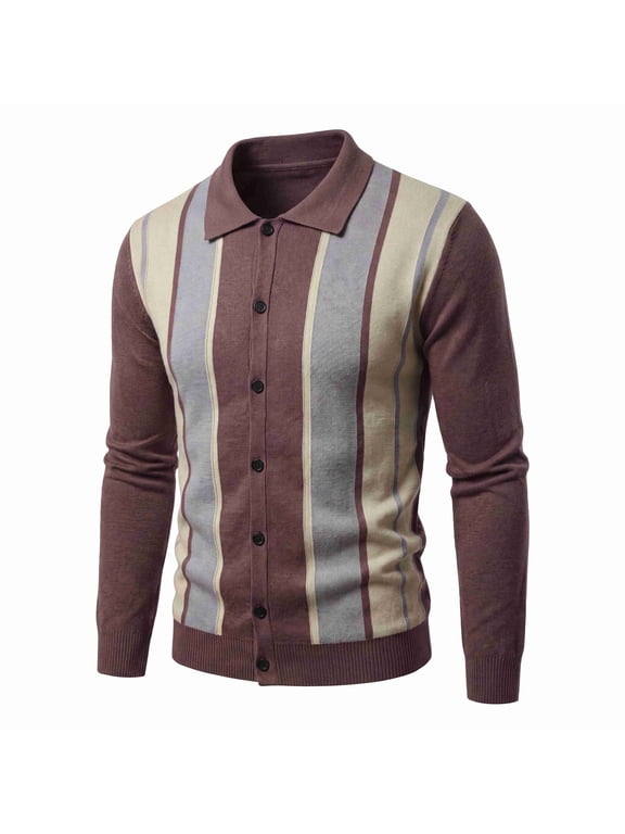 Men's Polo Cardigan, Button Down Knit Sweater Jacket, Casual Long Sleeve Color Block Knitwear Retro Striped Collared Knit Cardigan for Versatile Fall Winter Knit Top