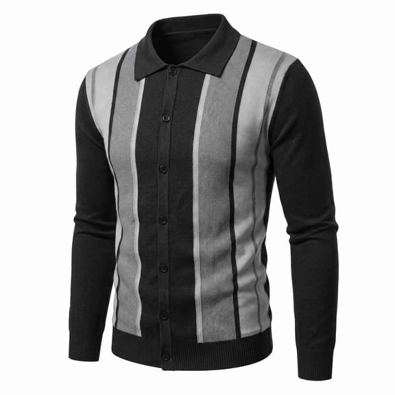 COOFANDY Men's Polo Cardigan, Button Down Knit Sweater Jacket, Casual Long Sleeve Color Block Knitwear Retro Striped Collared Knit Cardigan for Versatile Fall Winter Knit Top