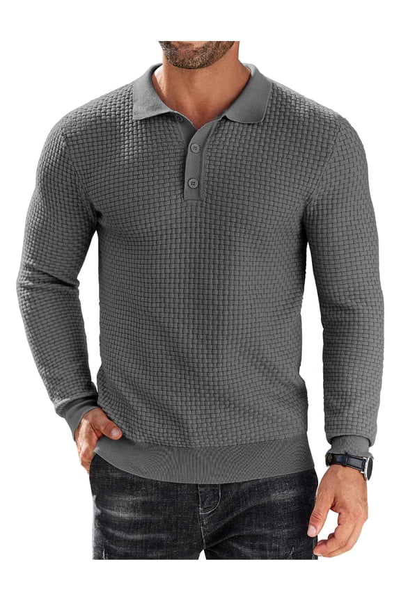 Men's Polo Sweater Long Sleeve Knit Polo Shirts Fashion Casual Collared Button Down Golf Shirts
