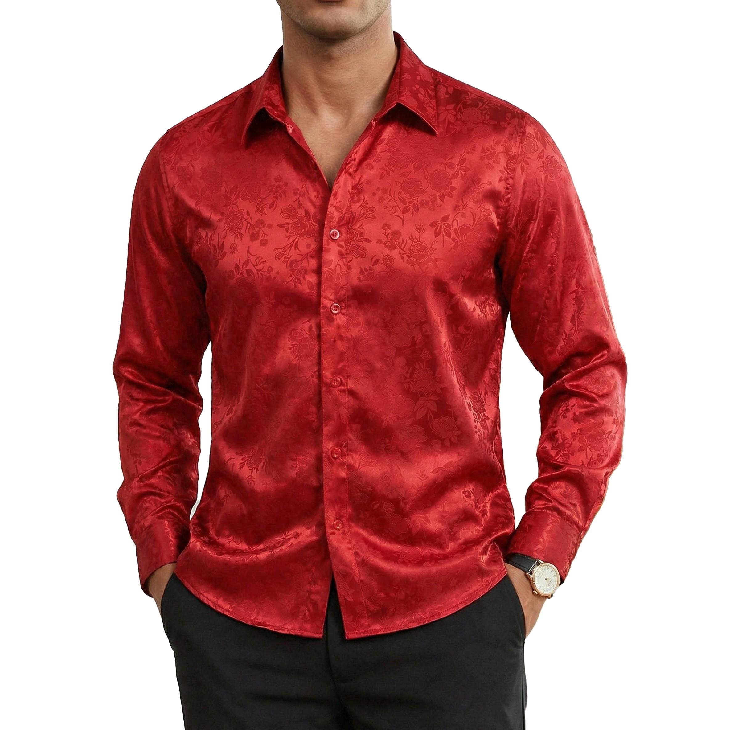 COOFANDY Mens Silk Shirts Long Sleeve Dress Shirts Prom Wedding Party Button Down Shirts,Wine red Medium