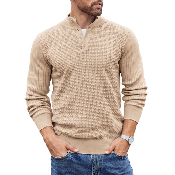 COOFANDY Mens Knit Pullover Sweater Mock Neck Button Sweater Fashion Casual Henley Sweater