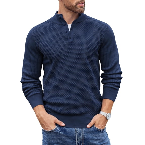 COOFANDY Men's Stand Collar Sweater Knit Henley Long Sleeve Sweater Quarter Button Pullover Knitwear