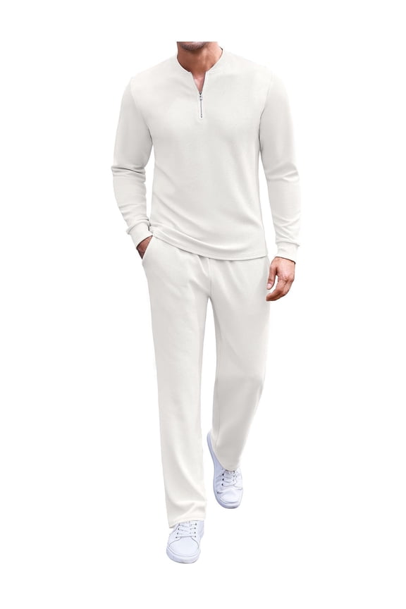 Men's Quarter Zip Polo Sweatsuit Polo 2 Piece Set Jogging Outfits Tracksuit Athletic Pants and Long Sleeve Casual Sports Set