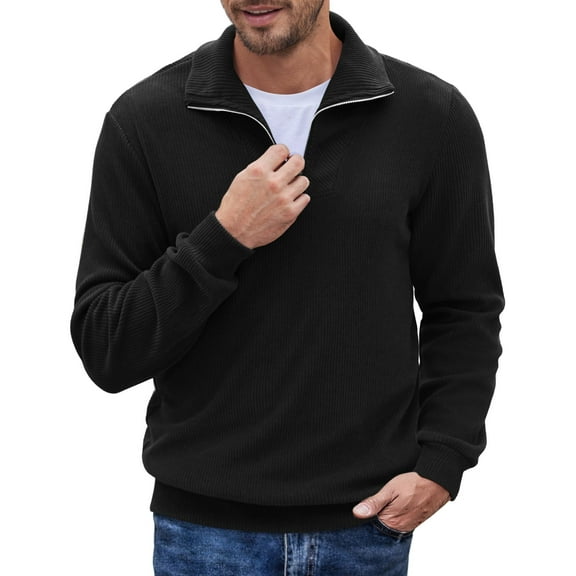 COOFANDY Men's Quarter Mock Neck Zip Up Pullover Slim Fit Mock Neck Long Sleeve Sweaters Casual Corduroy Polo Comfort Golf Sweatshirts