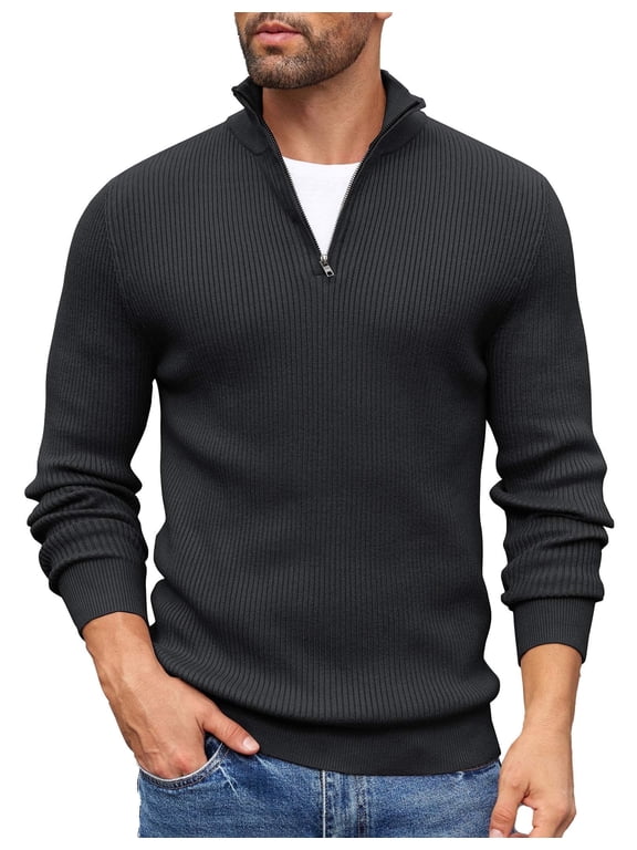Men's Quarter Zip Up Sweaters Slim Fit Lightweight Pullover Mock Neck Long Sleeve Polo Sweater