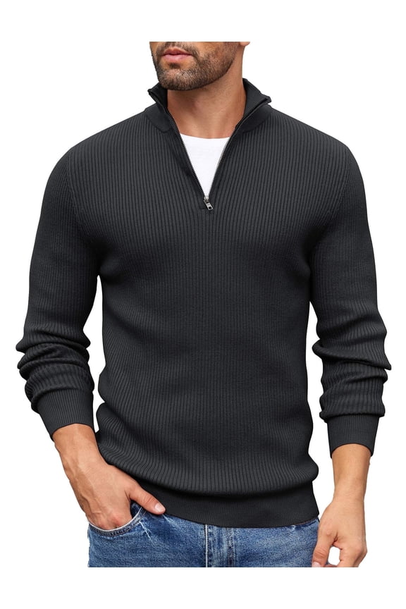 Men's Quarter Zip Up Sweaters Slim Fit Lightweight Pullover Mock Neck Long Sleeve Polo Sweater