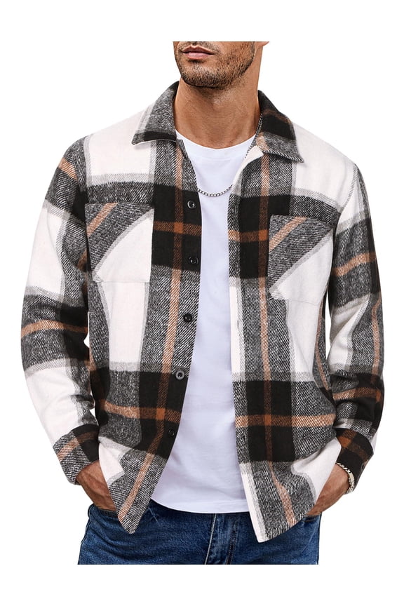 Men's Quilted Flannel Classic Plaid Shirt Jackets Long Sleeve Winter Shirt Fleece Jacket