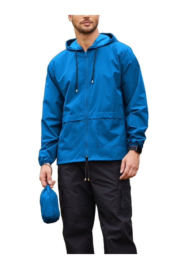Men's Rain Jacket Waterproof Lightweight Packable Raincoat Pullover Windbreaker with Hood for Hiking Running