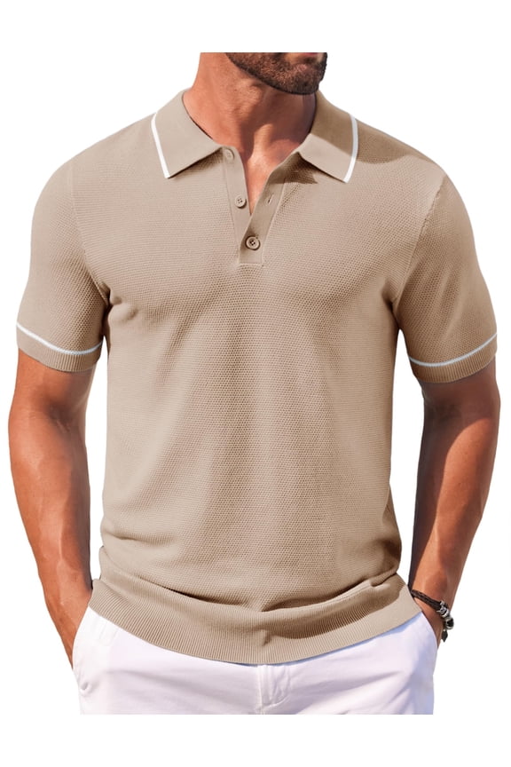 Men's Resort Summer Polo Shirts Knit Button Down Polo Shirts Ribbed Banded Striped Slim Fit Pullovers