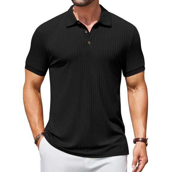 COOFANDY Men's Ribbed Polo Shirts Short Sleeve Casual Slim Fit Golf Shirt Basic Black Polo T-Shirts Summer Golf Tops
