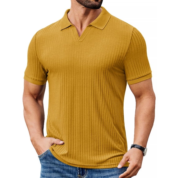 COOFANDY Men's Ribbed Polo Shirts Short Sleeve V Neck Slim Fit Polo T-Shirt Casual Summer Collared Golf Shirt