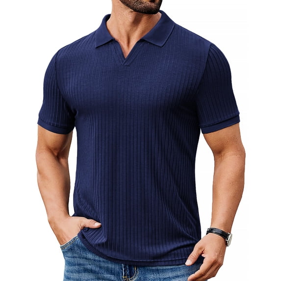 COOFANDY Men's Ribbed Polo Shirts Short Sleeve V Neck Slim Fit Polo T-Shirt Casual Summer Collared Golf Shirt