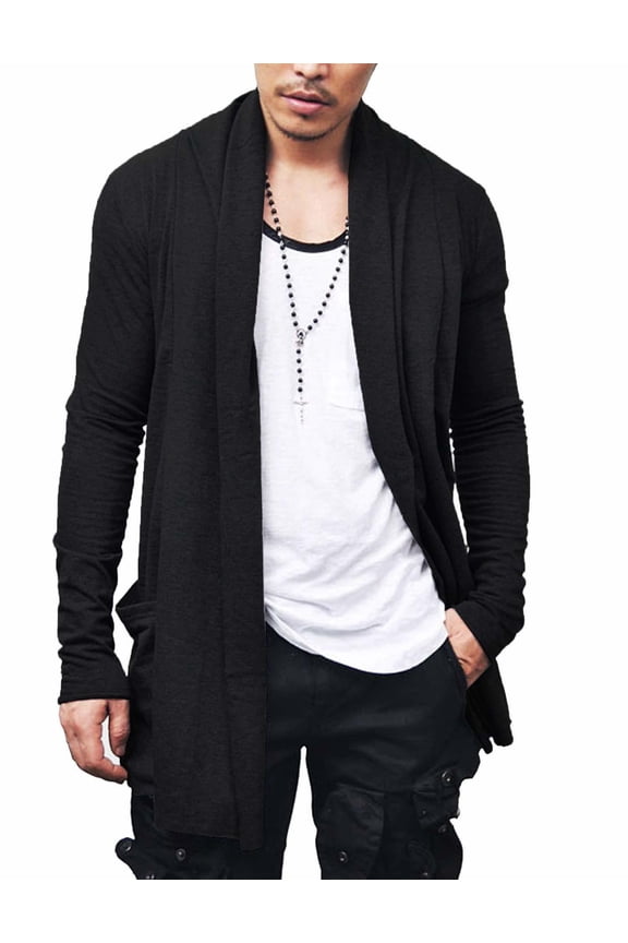Men's Ruffle Shawl Collar Cardigan Open Front Lightweight Long Length Drape Cape Overcoat with Pockets