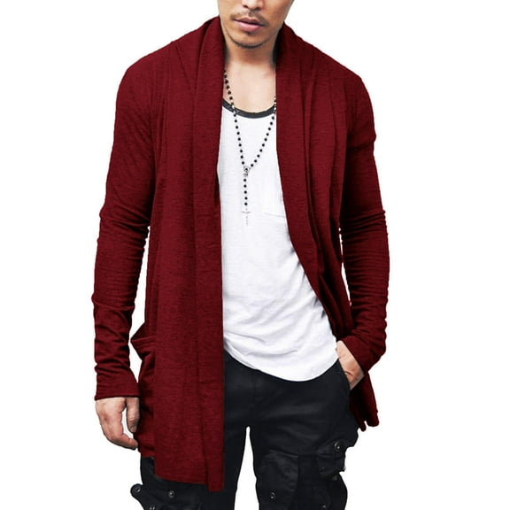 COOFANDY Men's Ruffle Shawl Collar Cardigan Open Front Lightweight Long Length Drape Cape Overcoat with Pockets