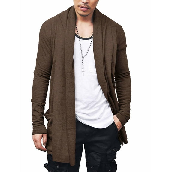 COOFANDY Men's Ruffle Shawl Collar Cardigan Open Front Lightweight Long Length Drape Cape Overcoat with Pockets