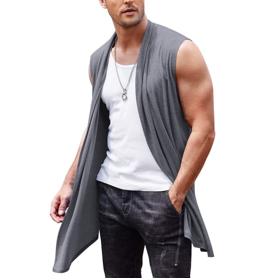 COOFANDY Men's Ruffle Shawl Collar Sleeveless Long Cardigan Vest