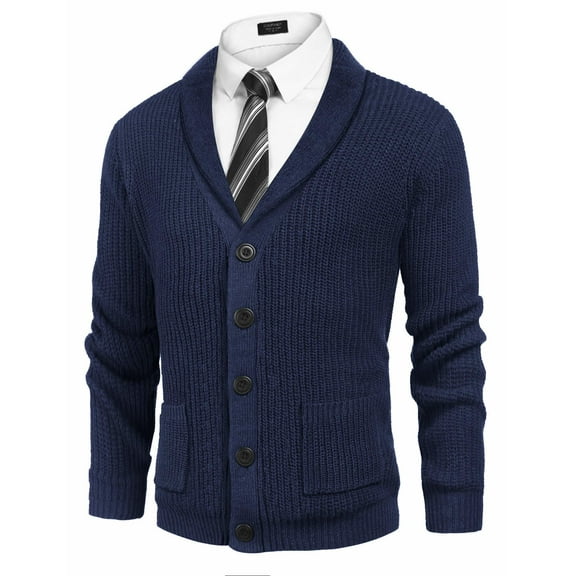 COOFANDY Men's Shawl Collar Cardigan Sweater Slim Fit Cable Knit Button up Cotton Sweater with Pockets
