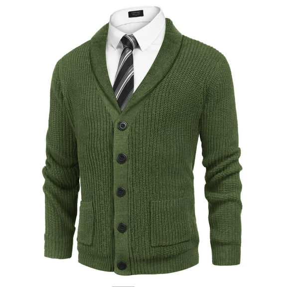 COOFANDY Men's Shawl Collar Cardigan Sweater Slim Fit Cable Knit Button up Cotton Sweater with Pockets