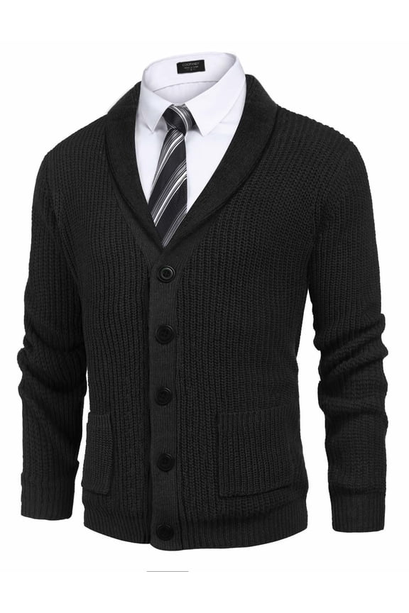 Men's Shawl Collar Cardigan Sweater Slim Fit Cable Knit Button Up Sweater with Pockets