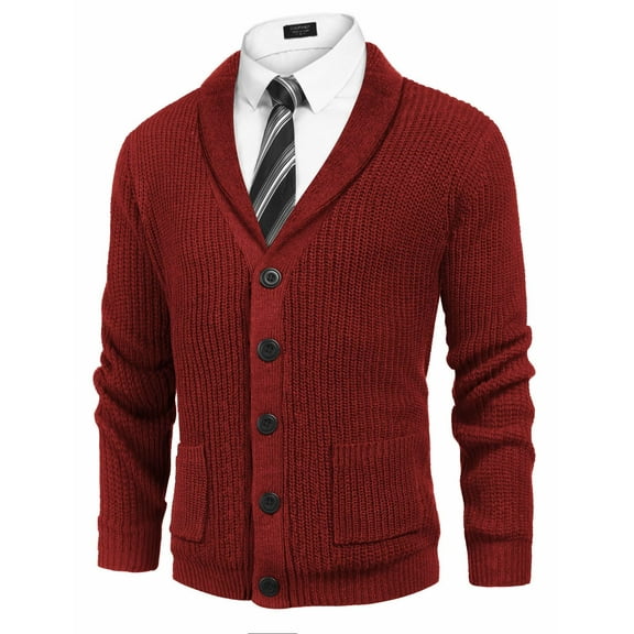 COOFANDY Mens Sweater Cardigan Long Sleeve Button Front Shawl Collar Ribbed Knit Uniform Cardigan Sweater with Pockets