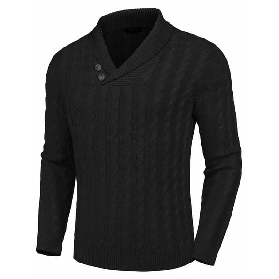 COOFANDY Men's Shawl Collar Pullover Sweater Slim Fit Casual Button Cable Knit Sweaters