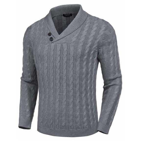 COOFANDY Men's Shawl Collar Pullover Sweater Slim Fit Casual Button Cable Knit Sweaters