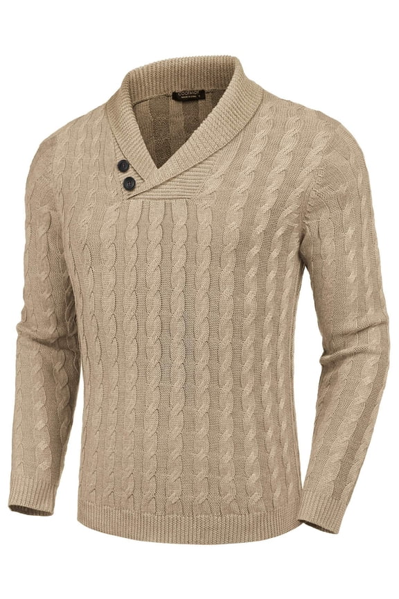 Men's Shawl Collar Pullover Sweater Slim Fit Casual Button Cable Knit Sweaters