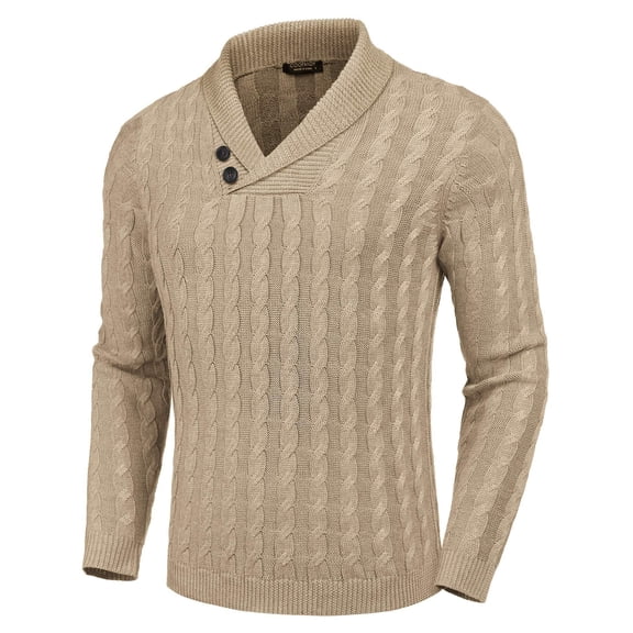COOFANDY Men's Shawl Collar Pullover Sweater Slim Fit Casual Button Cable Knit Sweaters