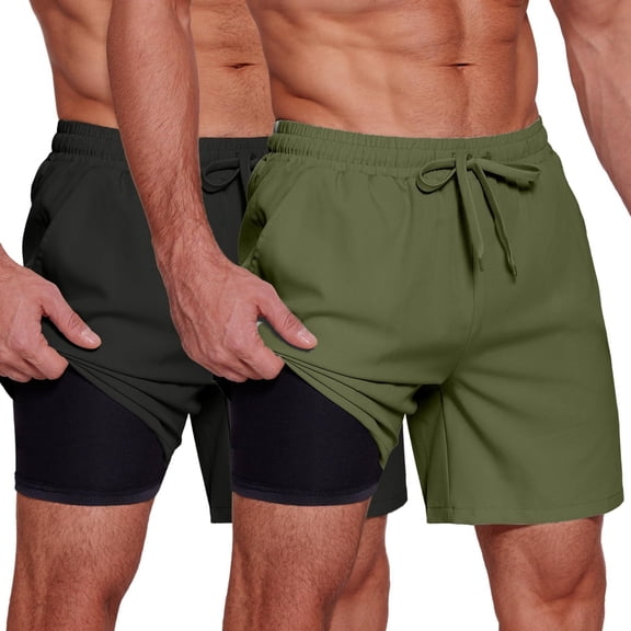 COOFANDY Men's 2 in 1 Running Shorts 2 Pack Athletic Shorts Quick Dry Lightweight Gym Training Workout Sports Shorts with Pockets