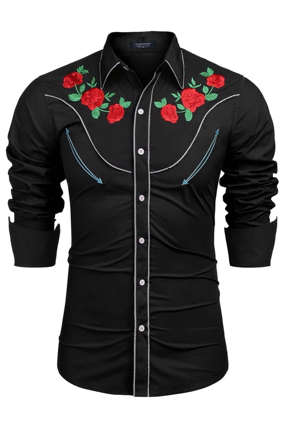 Men's Shirts Rose Embroidered Western Cowboy Shirt Long Sleeve Slim Fit Cotton Casual Button Down Shirts