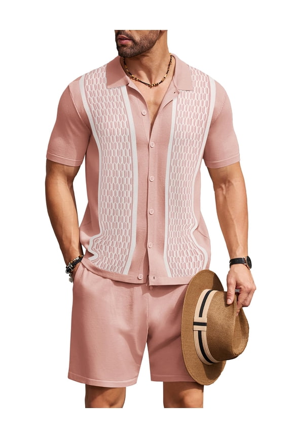 Men's Short Set 2 Piece Outfits Knit Button Up Shirt Retro Short Sleeve Polo Shirts and Short Set Summer Beach Suit