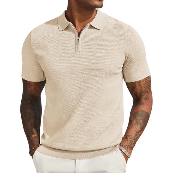 COOFANDY Men Summer Beach Shirt Zipper Polo Shirt Casual Knit Short Sleeve Polo T Shirts Goft
